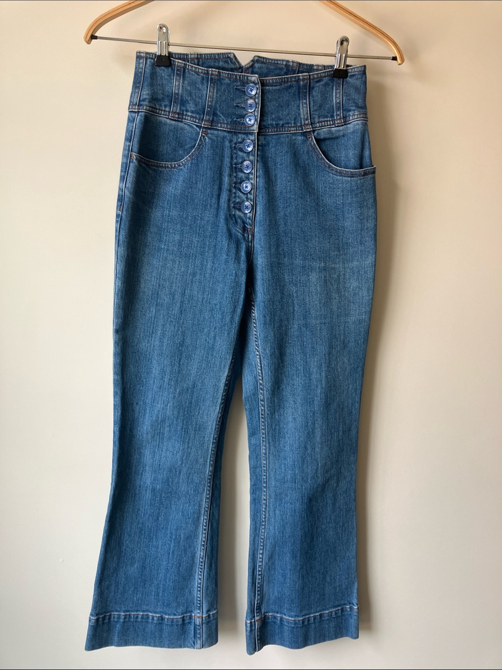 ULLA JOHNSON Ellis High-Rise Button-Front Kick Flare Medium Blue Jeans Size 6